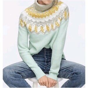 J.Crew Supersoft Sequin Fair Isle Turtleneck Sweater Sea Spray Heather Size XXL